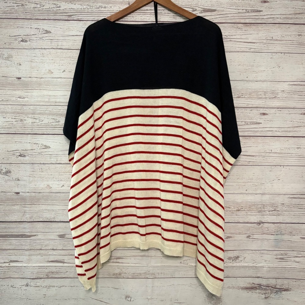 Chaps Womens Knit Poncho Sweater Navy Blue Red Cream Striped Colorblock Nautical